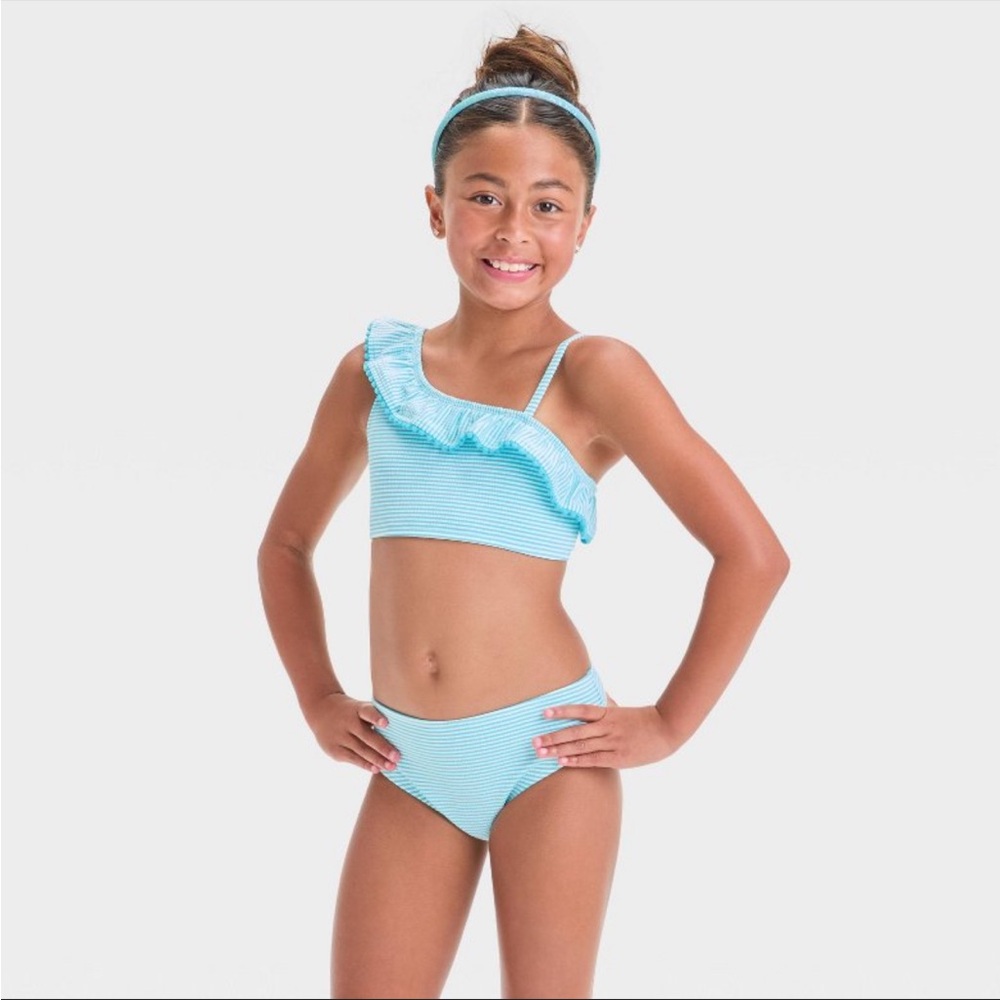 Cat & Jack Girls Striped Bikini Set Blue Seersucker Large 10/12